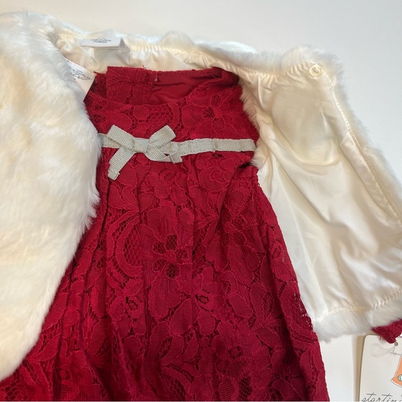 Starting Out 3PC Set, White Faux Fur Vest, Red Lace Shirt, Ivory Leggings, NWT! - Picture 4 of 5